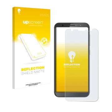 Parte frontal de un envase de producto con el logotipo de la marca upscreen. Al lado se muestra el dispositivo Gigaset GS185 c