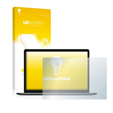 Parte frontal de un envase de producto con el logotipo de la marca upscreen. Al lado se muestra el dispositivo Apple MacBook P