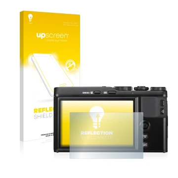 Parte frontal de un envase de producto con el logotipo de la marca upscreen. Al lado se muestra el dispositivo Fujifilm XF10 c