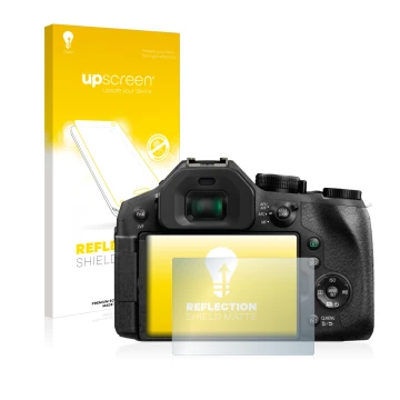 Parte frontal de un envase de producto con el logotipo de la marca upscreen. Al lado se muestra el dispositivo Panasonic Lumix