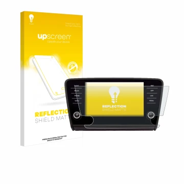 Parte frontal de un envase de producto con el logotipo de la marca upscreen. Al lado se muestra el dispositivo Skoda Amundsen 