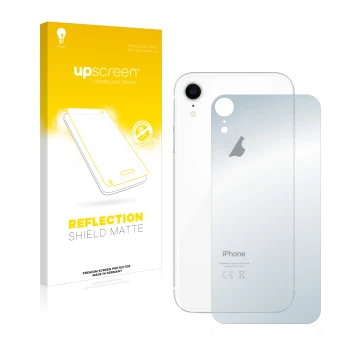 Parte frontal de un envase de producto con el logotipo de la marca upscreen. Al lado se muestra el dispositivo Apple iPhone XR