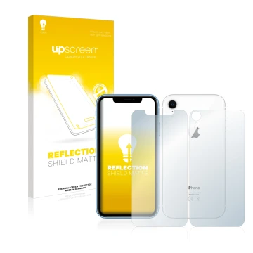 Parte frontal de un envase de producto con el logotipo de la marca upscreen. Al lado se muestra el dispositivo Apple iPhone XR