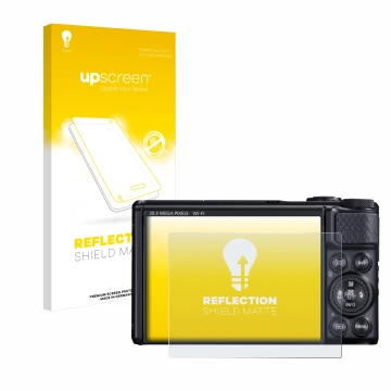 Parte frontal de un envase de producto con el logotipo de la marca upscreen. Al lado se muestra el dispositivo Canon PowerShot