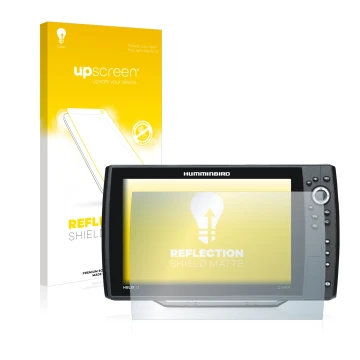 Parte frontal de un envase de producto con el logotipo de la marca upscreen. Al lado se muestra el dispositivo Humminbird Heli