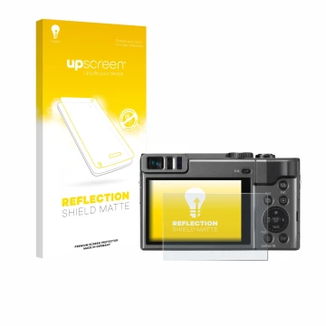 Parte frontal de un envase de producto con el logotipo de la marca upscreen. Al lado se muestra el dispositivo Panasonic Lumix