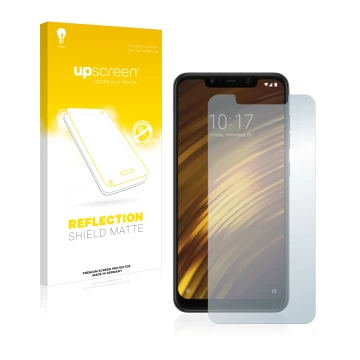 Parte frontal de un envase de producto con el logotipo de la marca upscreen. Al lado se muestra el dispositivo Xiaomi Pocophon