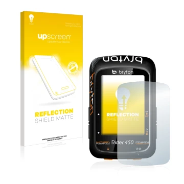 Parte frontal de un envase de producto con el logotipo de la marca upscreen. Al lado se muestra el dispositivo Bryton Rider 45