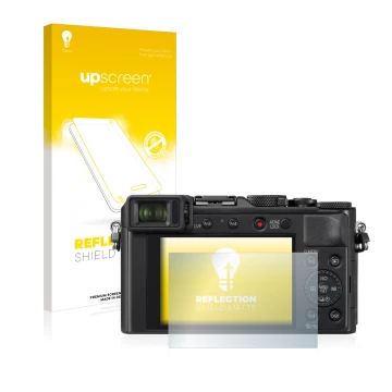 Parte frontal de un envase de producto con el logotipo de la marca upscreen. Al lado se muestra el dispositivo Panasonic Lumix