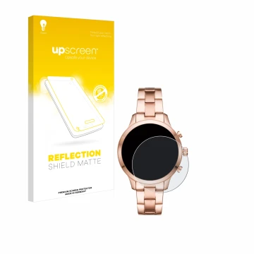 Parte frontal de un envase de producto con el logotipo de la marca upscreen. Al lado se muestra el dispositivo Michael Kors Ac