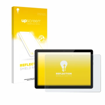 Parte frontal de un envase de producto con el logotipo de la marca upscreen. Al lado se muestra el dispositivo Huawei MediaPad