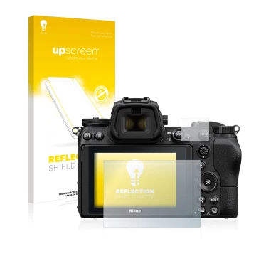 Parte frontal de un envase de producto con el logotipo de la marca upscreen. Al lado se muestra el dispositivo Nikon Z 7 con s