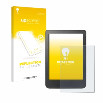 Parte frontal de un envase de producto con el logotipo de la marca upscreen. Al lado se muestra el dispositivo Kobo Clara HD (