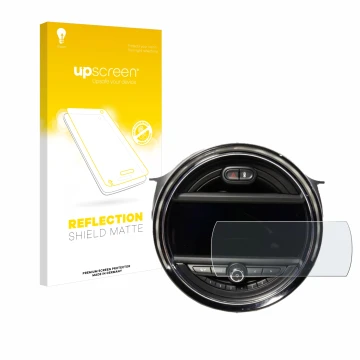 Parte frontal de un envase de producto con el logotipo de la marca upscreen. Al lado se muestra el dispositivo Mini Cooper F56