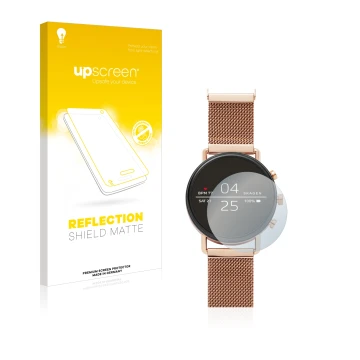 Parte frontal de un envase de producto con el logotipo de la marca upscreen. Al lado se muestra el dispositivo Skagen Smartwat