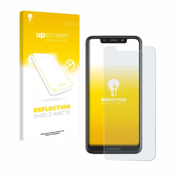 Parte frontal de un envase de producto con el logotipo de la marca upscreen. Al lado se muestra el dispositivo Motorola One co