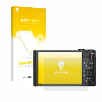 Parte frontal de un envase de producto con el logotipo de la marca upscreen. Al lado se muestra el dispositivo Sony Cyber-Shot