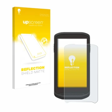 Parte frontal de un envase de producto con el logotipo de la marca upscreen. Al lado se muestra el dispositivo Zebra TC25 con 