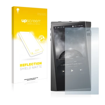 Parte frontal de un envase de producto con el logotipo de la marca upscreen. Al lado se muestra el dispositivo Astell&Kern A&n