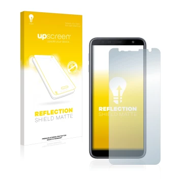 Parte frontal de un envase de producto con el logotipo de la marca upscreen. Al lado se muestra el dispositivo Samsung Galaxy 