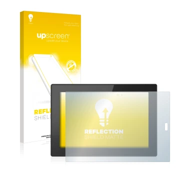 Parte frontal de un envase de producto con el logotipo de la marca upscreen. Al lado se muestra el dispositivo Lenovo Tablet 1