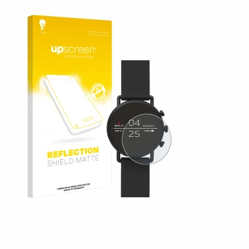 Parte frontal de un envase de producto con el logotipo de la marca upscreen. Al lado se muestra el dispositivo Skagen Smartwat