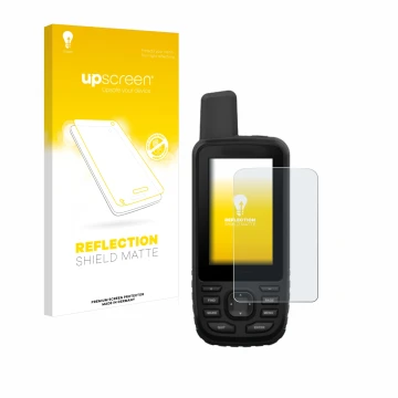 Parte frontal de un envase de producto con el logotipo de la marca upscreen. Al lado se muestra el dispositivo Garmin GPSMAP 6