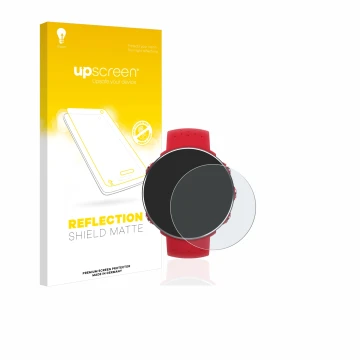 Parte frontal de un envase de producto con el logotipo de la marca upscreen. Al lado se muestra el dispositivo Polar Vantage M