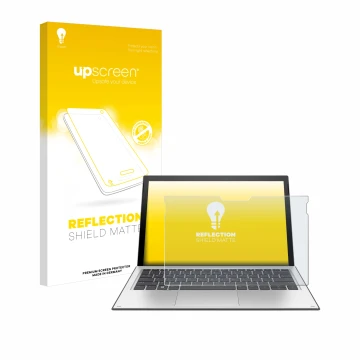 Parte frontal de un envase de producto con el logotipo de la marca upscreen. Al lado se muestra el dispositivo HP Elite x2 101
