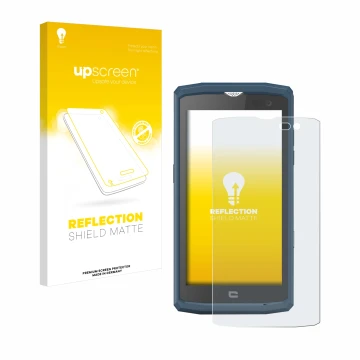 Parte frontal de un envase de producto con el logotipo de la marca upscreen. Al lado se muestra el dispositivo Crosscall Core 