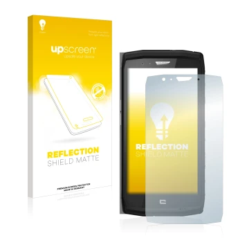 Parte frontal de un envase de producto con el logotipo de la marca upscreen. Al lado se muestra el dispositivo Crosscall Trekk