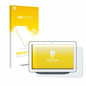 Parte frontal de un envase de producto con el logotipo de la marca upscreen. Al lado se muestra el dispositivo Google Home Hub
