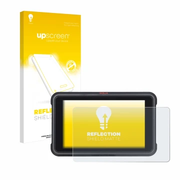 Parte frontal de un envase de producto con el logotipo de la marca upscreen. Al lado se muestra el dispositivo Atomos Ninja V 