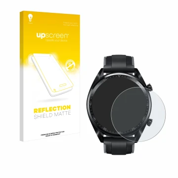 Parte frontal de un envase de producto con el logotipo de la marca upscreen. Al lado se muestra el dispositivo Huawei Watch GT