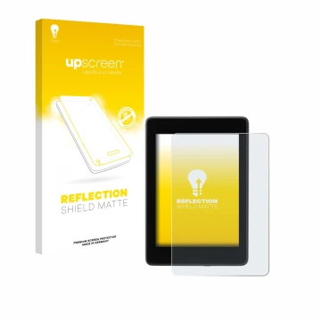 Parte frontal de un envase de producto con el logotipo de la marca upscreen. Al lado se muestra el dispositivo Amazon Kindle P