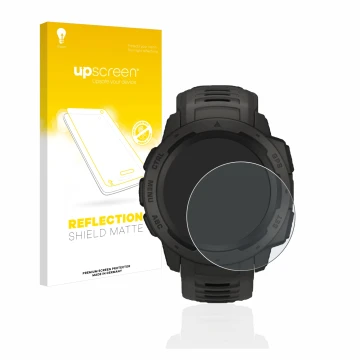 Parte frontal de un envase de producto con el logotipo de la marca upscreen. Al lado se muestra el dispositivo Garmin Instinct