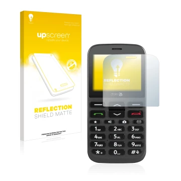 Parte frontal de un envase de producto con el logotipo de la marca upscreen. Al lado se muestra el dispositivo Doro 1370 con s