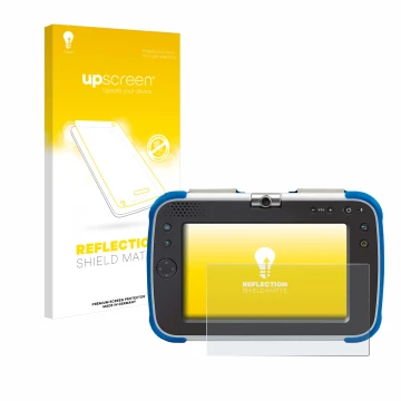 Parte frontal de un envase de producto con el logotipo de la marca upscreen. Al lado se muestra el dispositivo Vtech Storio Ma