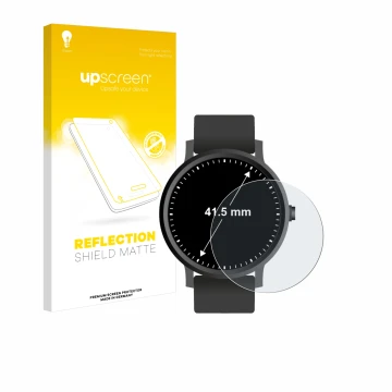 Parte frontal de un envase de producto con el logotipo de la marca upscreen. Al lado se muestra el dispositivo Relojes (Circul