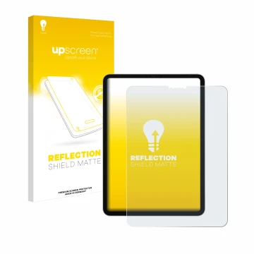Parte frontal de un envase de producto con el logotipo de la marca upscreen. Al lado se muestra el dispositivo Apple iPad Pro 