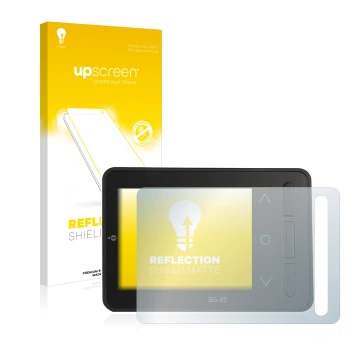 Parte frontal de un envase de producto con el logotipo de la marca upscreen. Al lado se muestra el dispositivo ISDT BG-8S con 