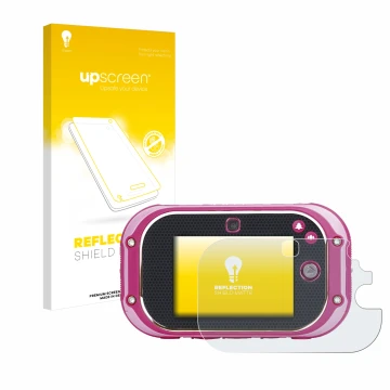Parte frontal de un envase de producto con el logotipo de la marca upscreen. Al lado se muestra el dispositivo Vtech Kidizoom 