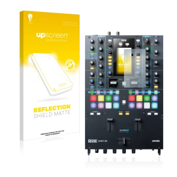 Parte frontal de un envase de producto con el logotipo de la marca upscreen. Al lado se muestra el dispositivo Rane Seventy-Tw