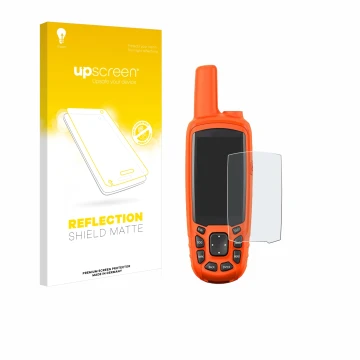 Parte frontal de un envase de producto con el logotipo de la marca upscreen. Al lado se muestra el dispositivo Garmin Astro 43