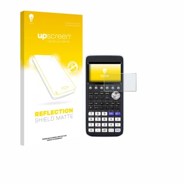 Parte frontal de un envase de producto con el logotipo de la marca upscreen. Al lado se muestra el dispositivo Casio FX-CG50 c