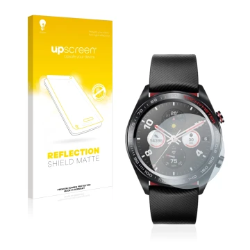 Parte frontal de un envase de producto con el logotipo de la marca upscreen. Al lado se muestra el dispositivo Honor Watch Mag
