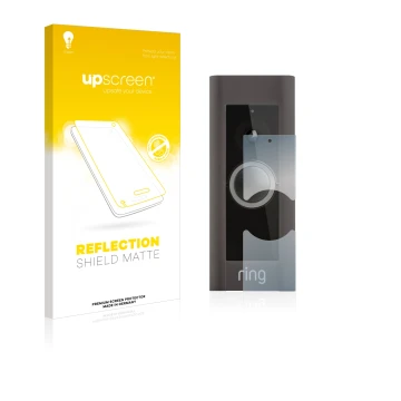 Parte frontal de un envase de producto con el logotipo de la marca upscreen. Al lado se muestra el dispositivo Ring Video Door