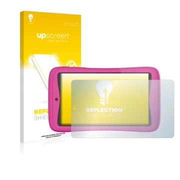 Parte frontal de un envase de producto con el logotipo de la marca upscreen. Al lado se muestra el dispositivo Kurio Connect 7