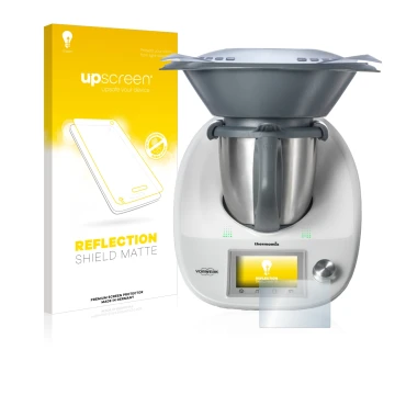 Parte frontal de un envase de producto con el logotipo de la marca upscreen. Al lado se muestra el dispositivo Vorwerk Bimby T