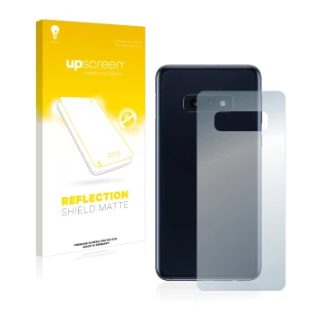 Parte frontal de un envase de producto con el logotipo de la marca upscreen. Al lado se muestra el dispositivo Samsung Galaxy 